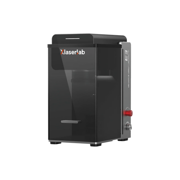 Xlaserlab E3 ultrafast laser engraver with red emergency stop, sleek black design for precision marking