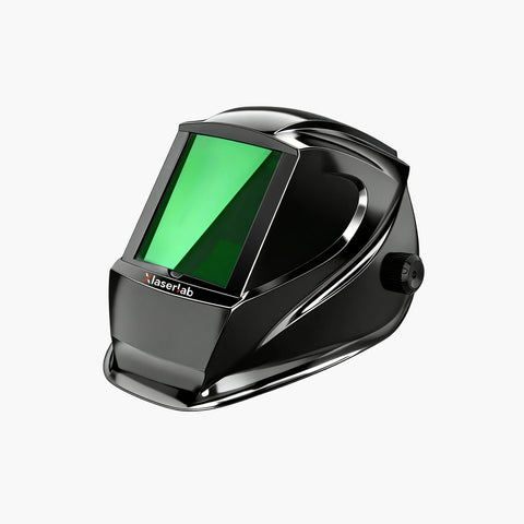 Black XLaserlab laser protection helmet with green viewing lens and side knob
