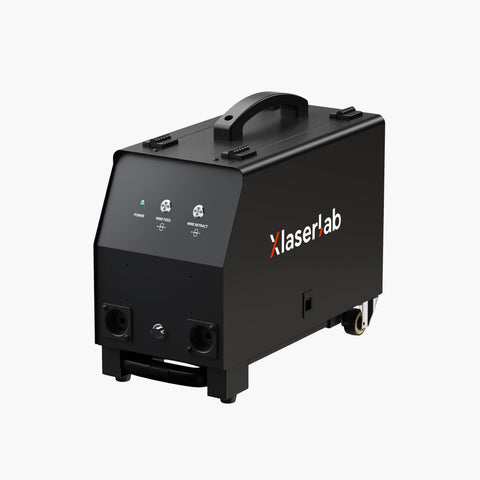 Portable Xlaserlab laser welding machine with wheels, power button, and wire feed controls for professional use.