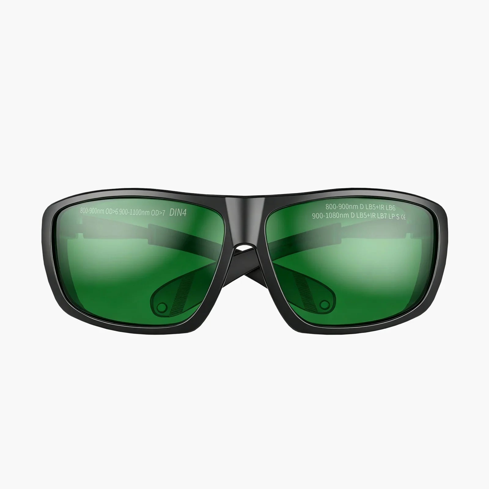 Green-tinted laser safety glasses with black frame for 800-1080nm protection, DIN4 rated for laser welding and engraving use.