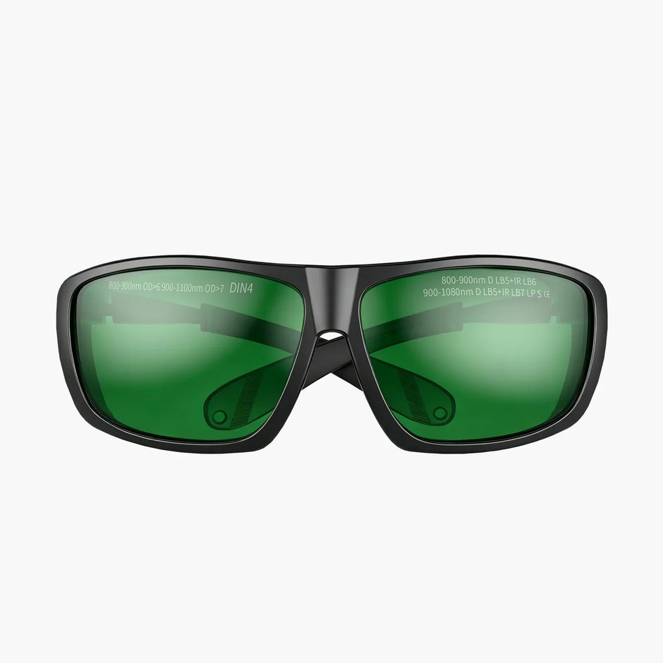 Green-tinted laser safety glasses with black frame for 800-1080nm protection, DIN4 rated for laser welding and engraving use.