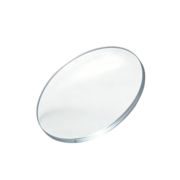 Clear collimating lens for laser welder, round glass optical component on white background