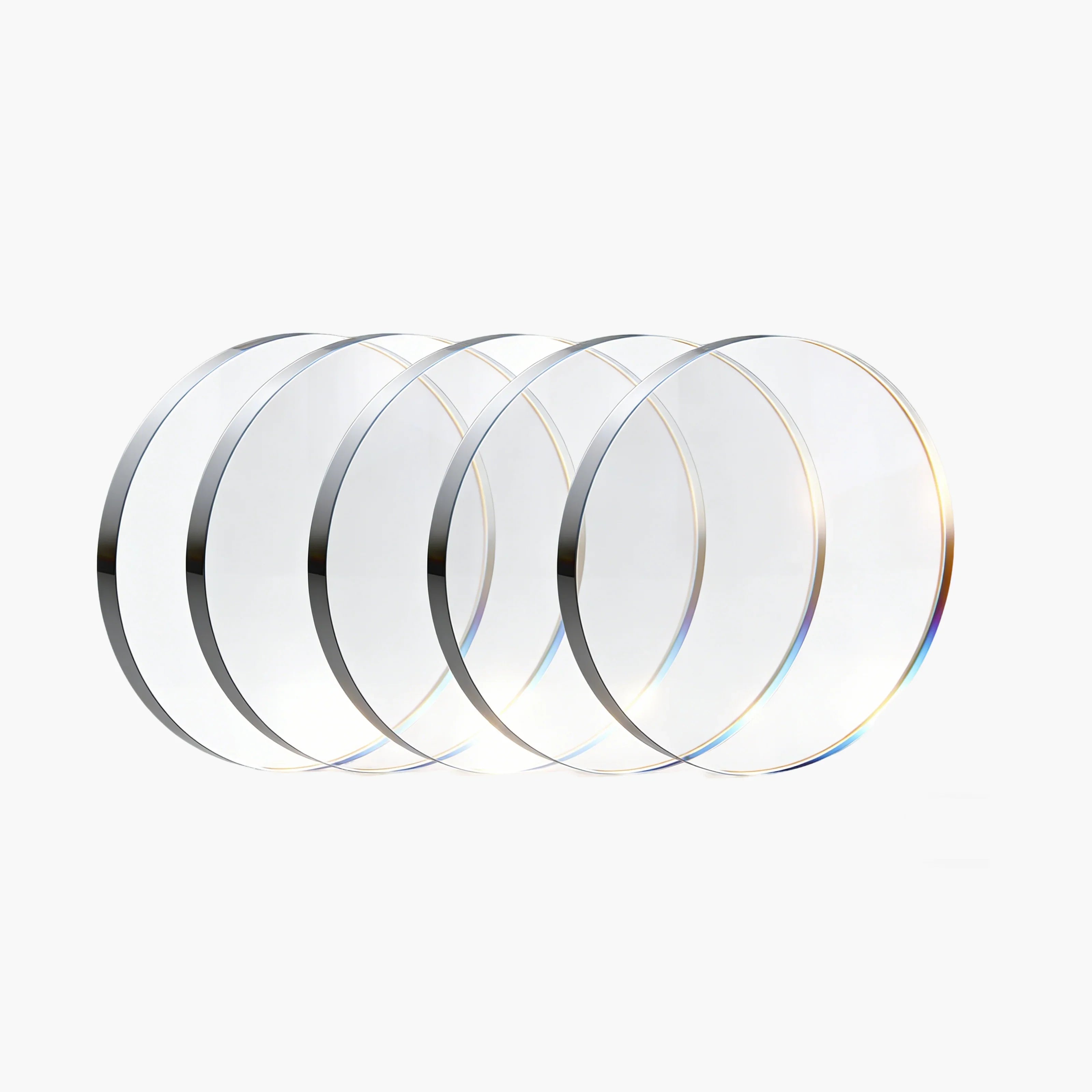 Clear circular lenses with reflective edges, ideal for laser equipment