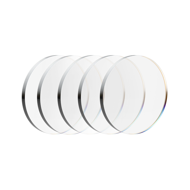 Set of five round laser machine protective lenses with reflective surfaces