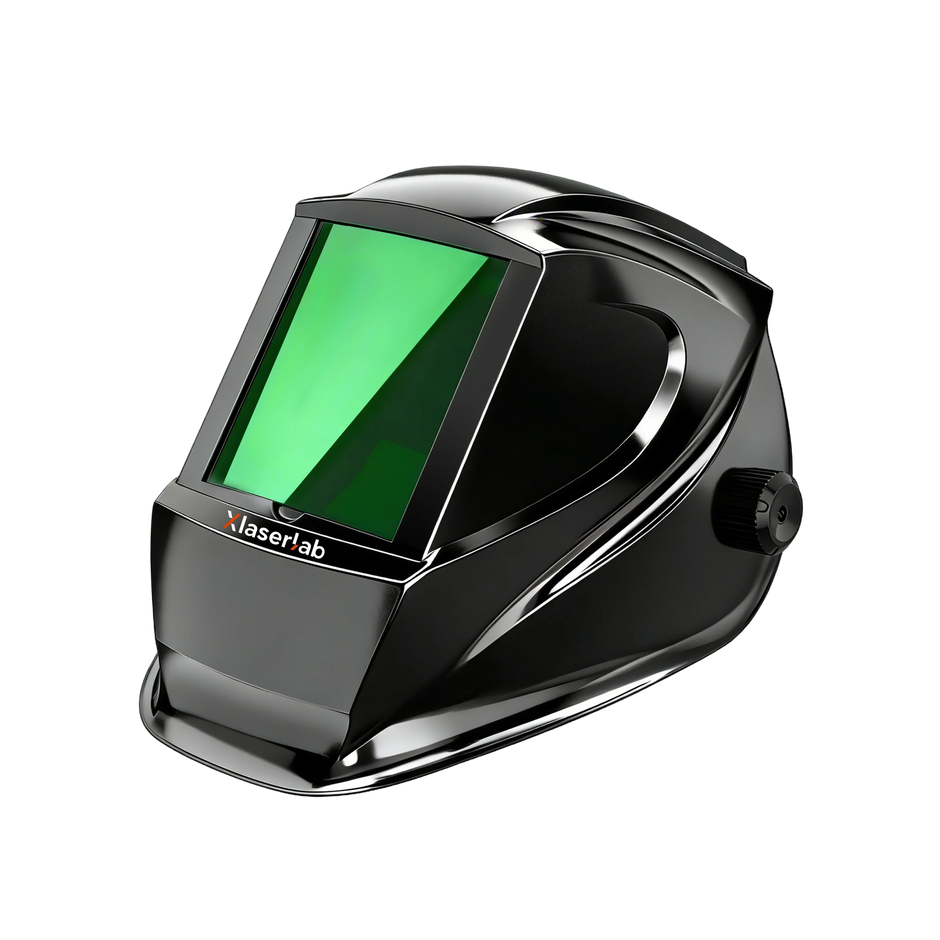 Black welding helmet with green visor and side adjustment knob, isolated on black background.